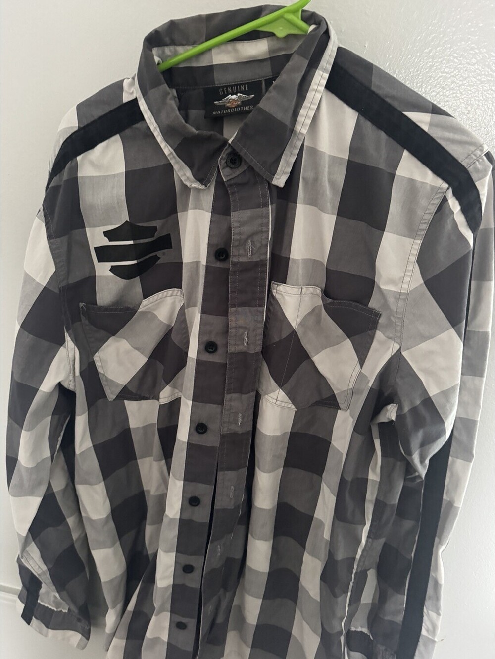 Harley-Davidson Shirt Mens Large Tall Black White Plaid Long Sleeve Patch Back